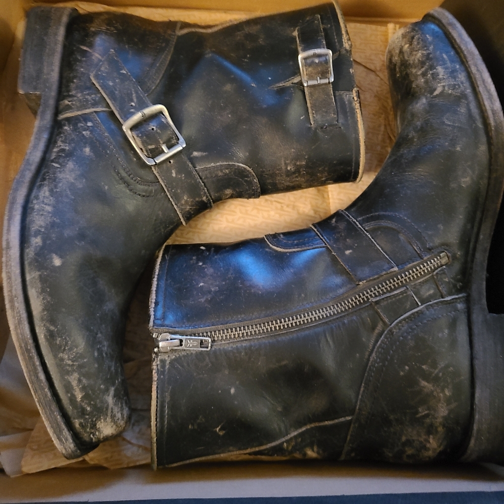 Frye Black Leather Zip Buckle Boots